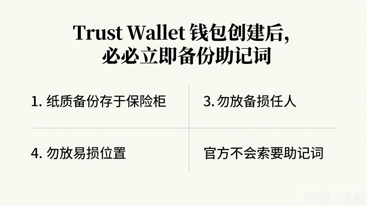 Trust Wallet 钱包创建后，务必立即备份助记词